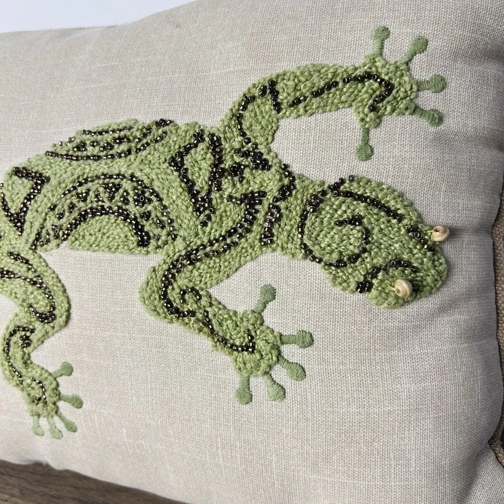 Pier 1 Imports Beaded Embroidered Lizard Gecko Lumbar Pillow 19x10 Boho Decor